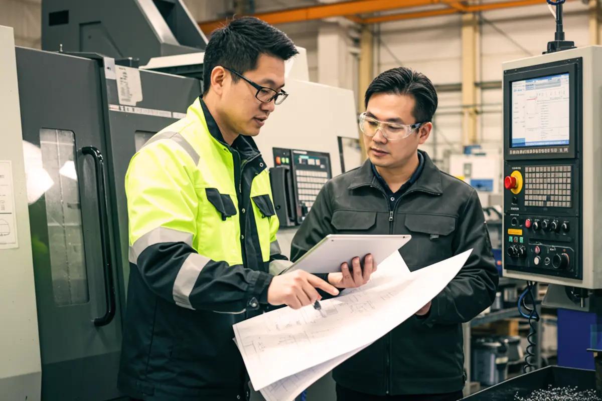 Engenheiros analisando desenho técnico em fábrica de usinagem